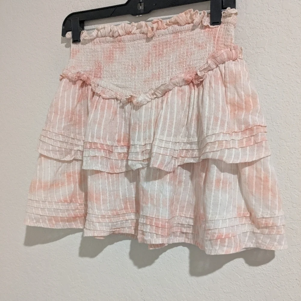 Cleobella Pink Tie-Dye Organic Cotton Smocked Tiered Ruffle Amber Mini Skirt